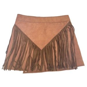 Brown Faux Suede Fringe Mini Skirt Small Festival Western Wrap Adjustable